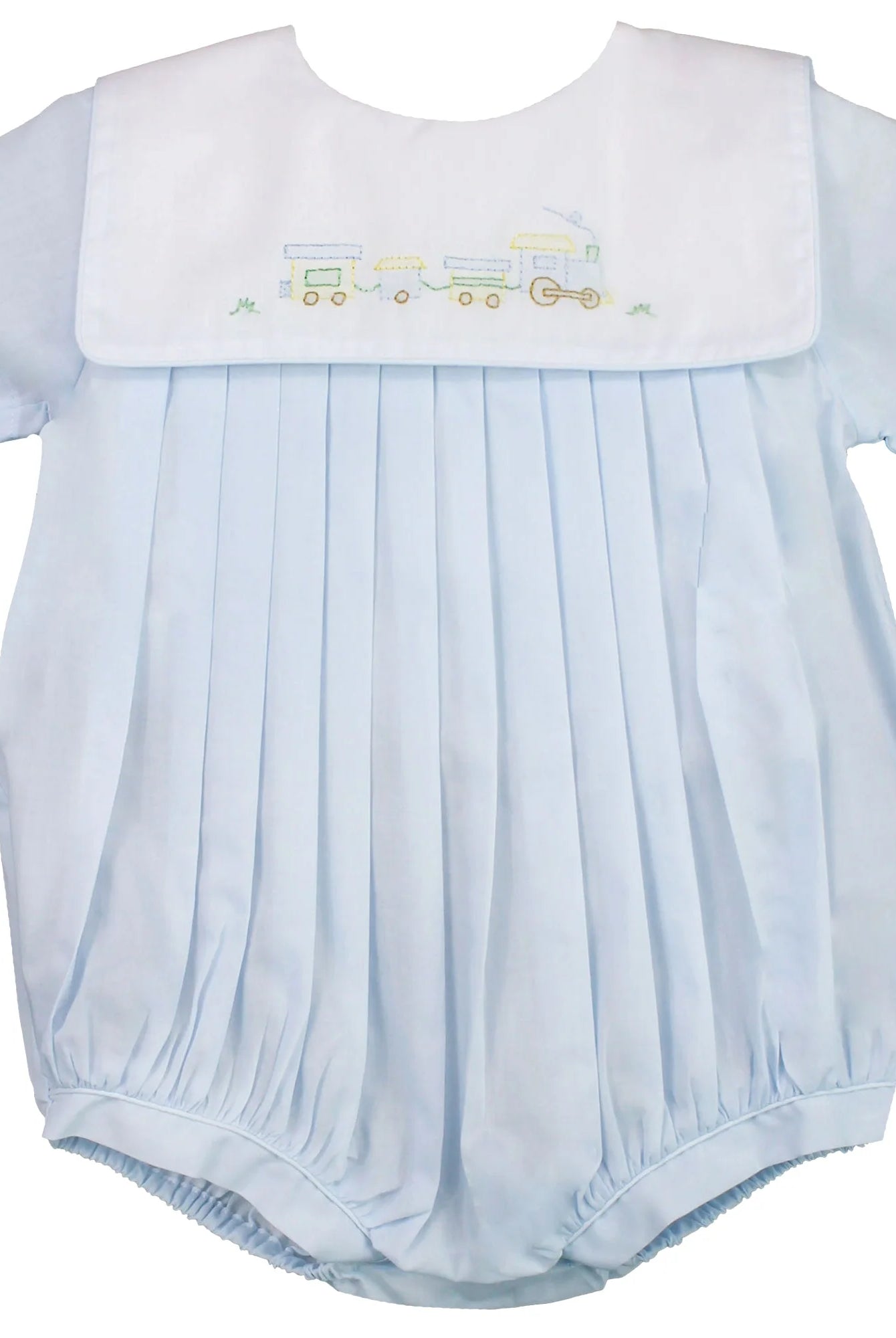 Baby romper with pleated skirt and embroidered design on a white background