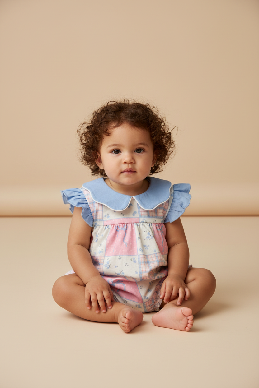 Baby girl sitting with a peter pan collar bubble.