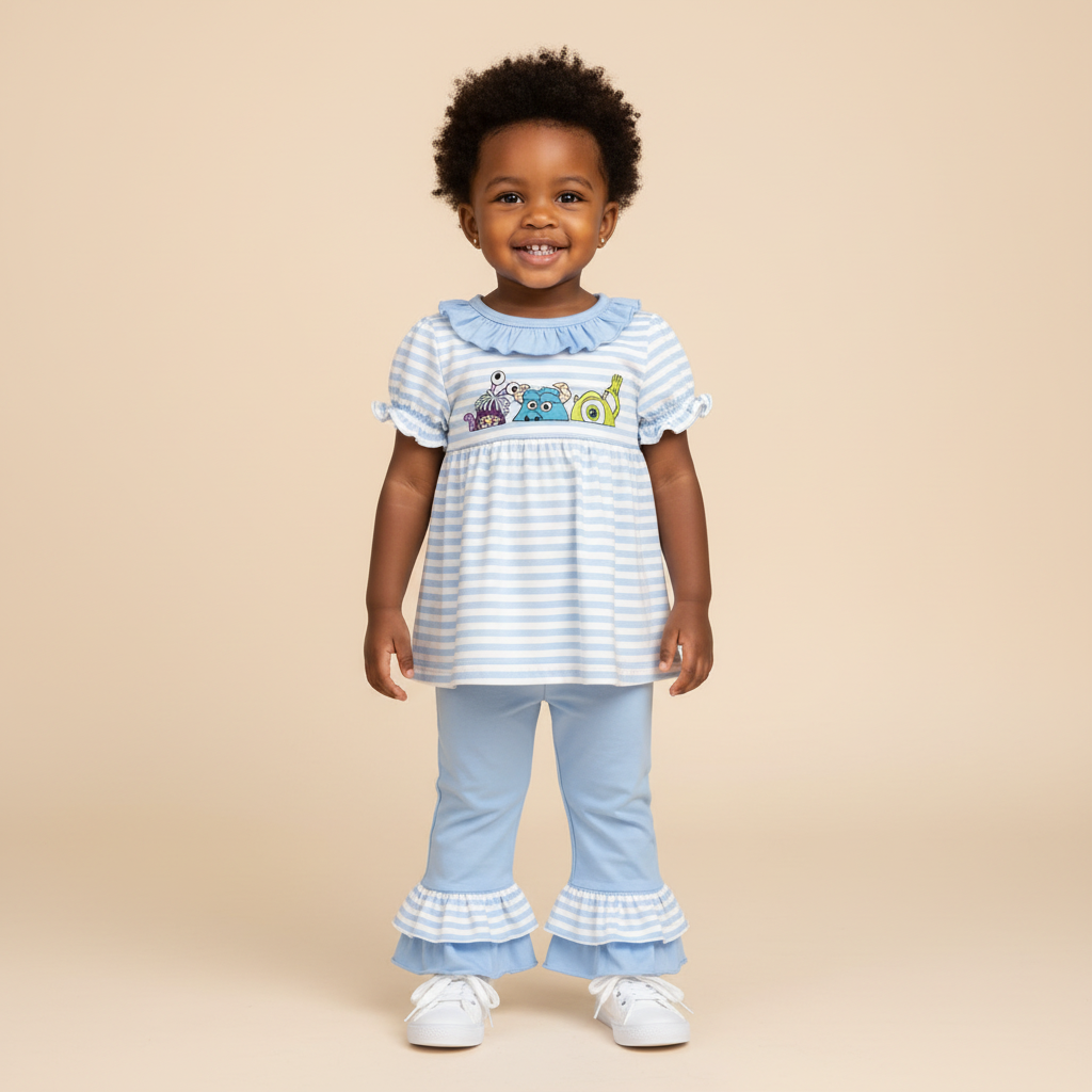 Square Shopify product photo of a toddler African girl wearing the matching outfit with white shoes on a beige background