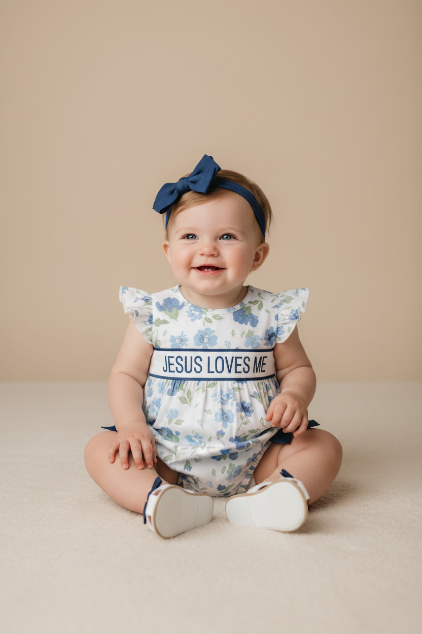 Infant girl wearing a JESUS LOVES ME floral bubble on beige background.