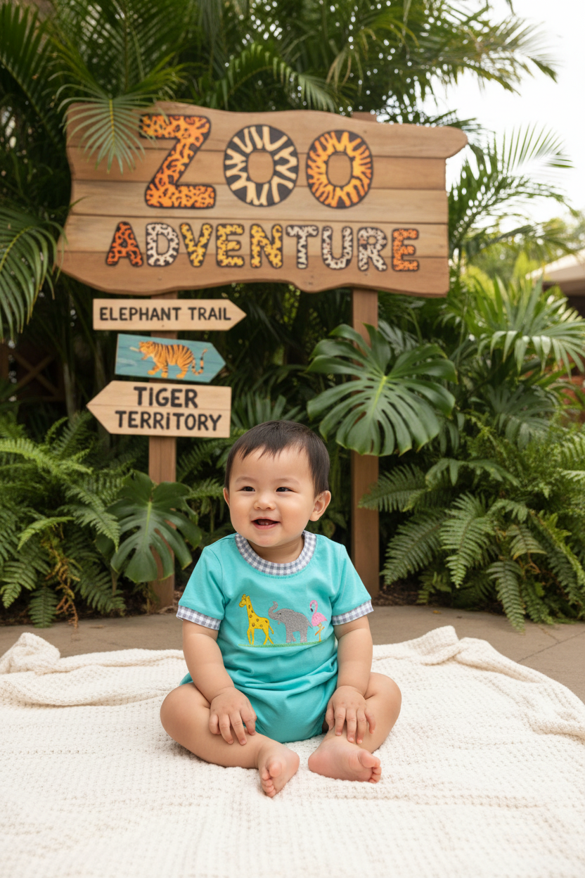 Child in a turquoise outfit with animal prints sitting on a blanket in front of a 'Zoo Adventure' sign.