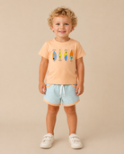Toddler boy wearing a peach colored shirt with fishing lures embroidered on the front and mint striped shorts.