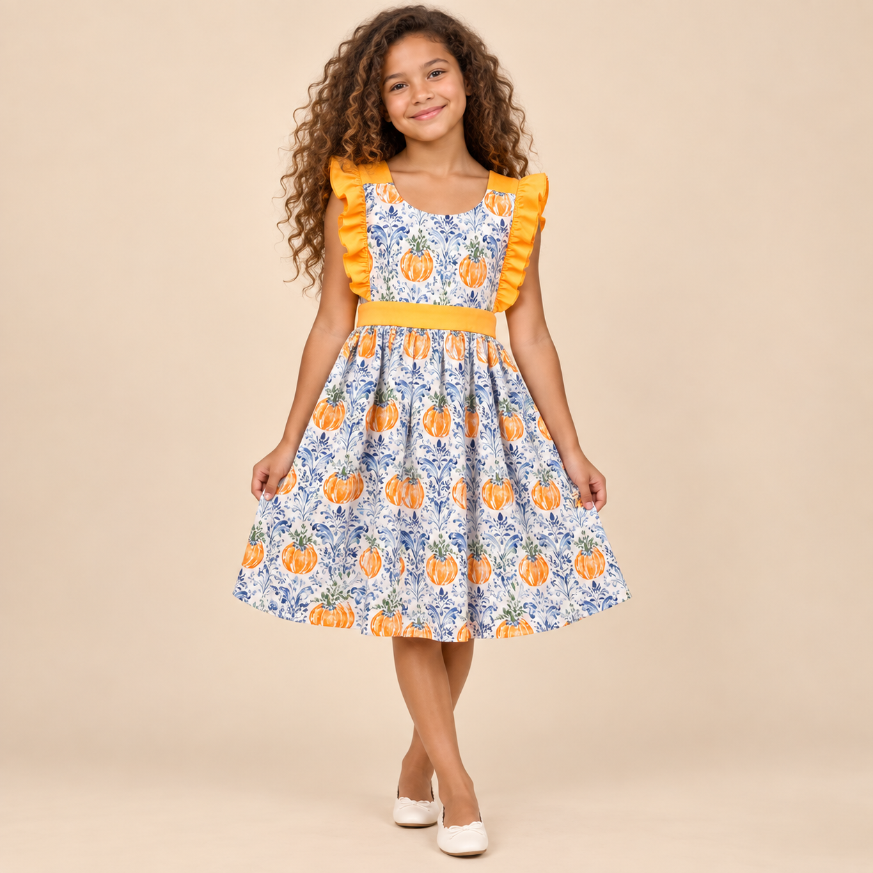 Young girl wearing a pumpkin print dress with orange ruffle accent.