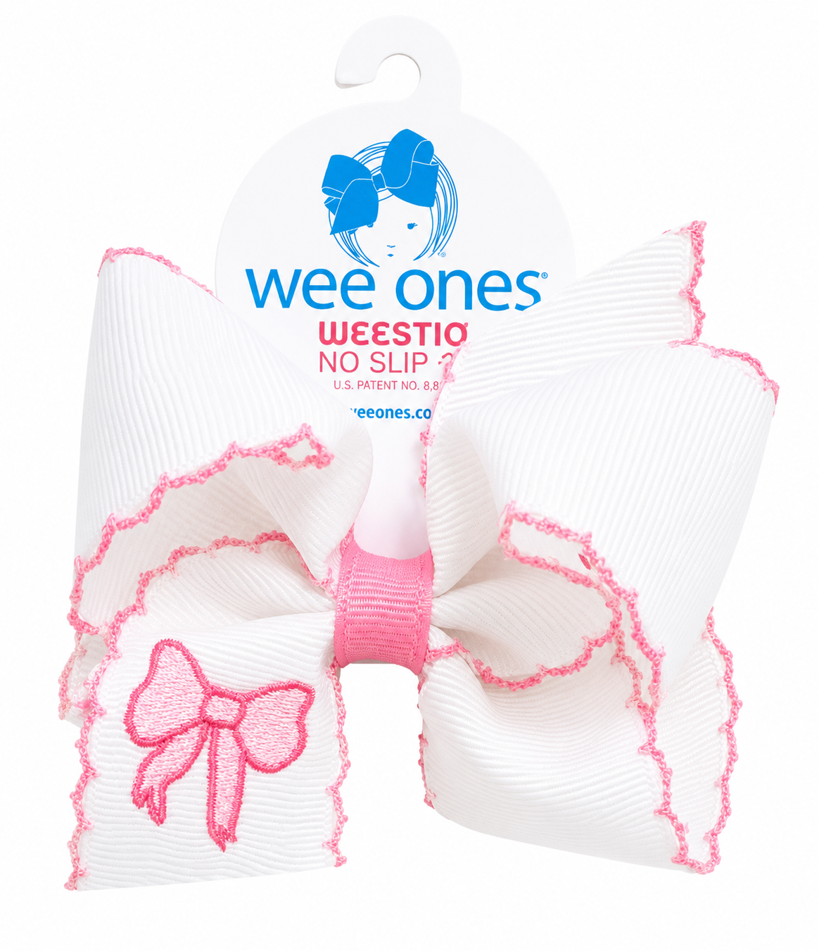 White hair bows with pink accents and 'wee ones' branding on a white background