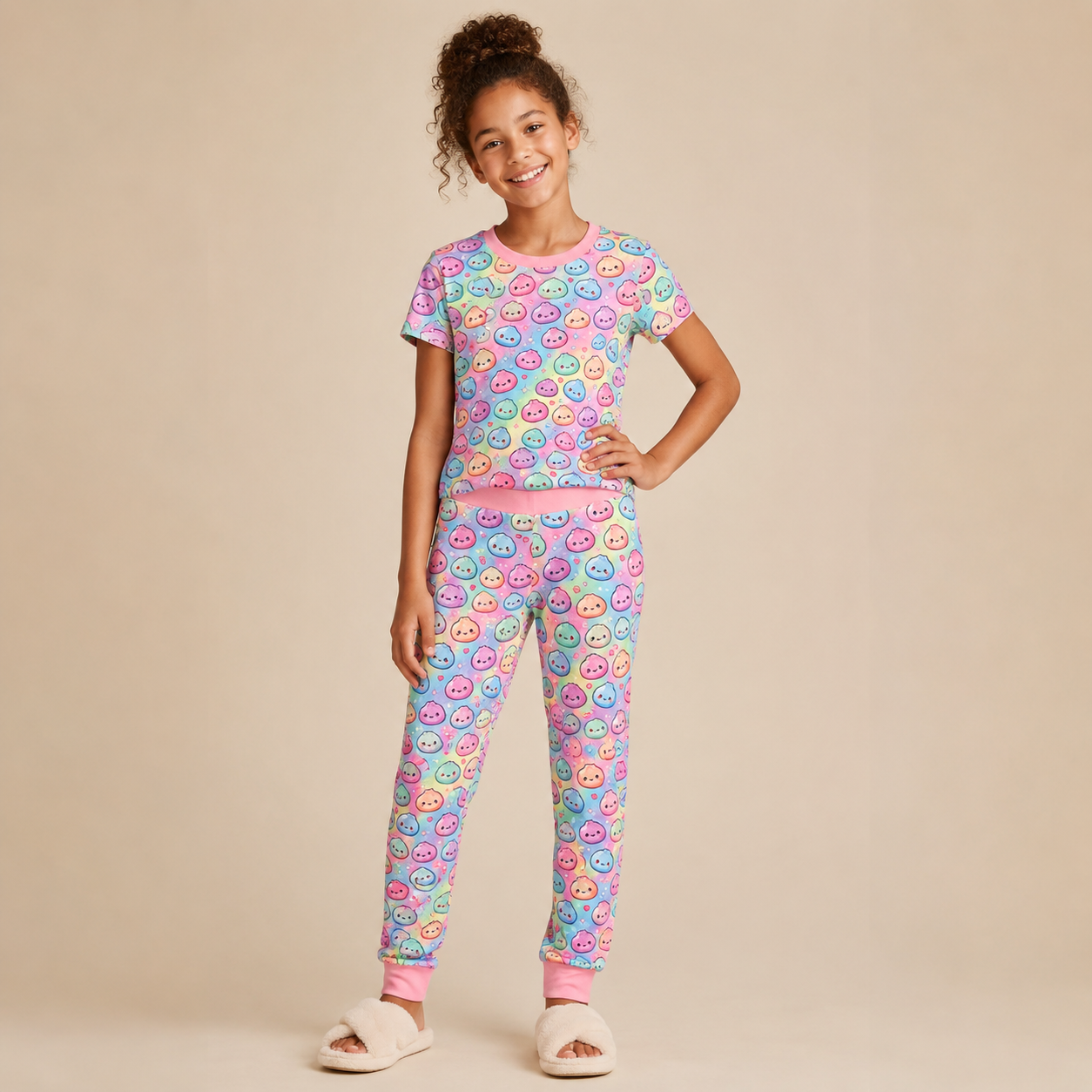 A young girl stands against a solid beige studio background wearing a matching two-piece lounge set with a colorful sugar dumplin'  pattern and light pink trim.
