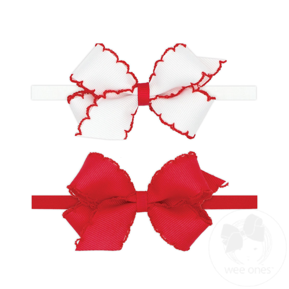 Two-pack mini moonstitch bows on nylon bands in red and white