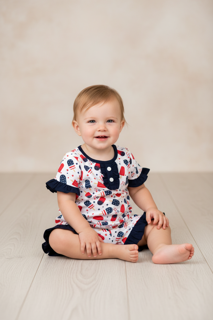 Baby girl model wearing a patriotic popsicle lounge.