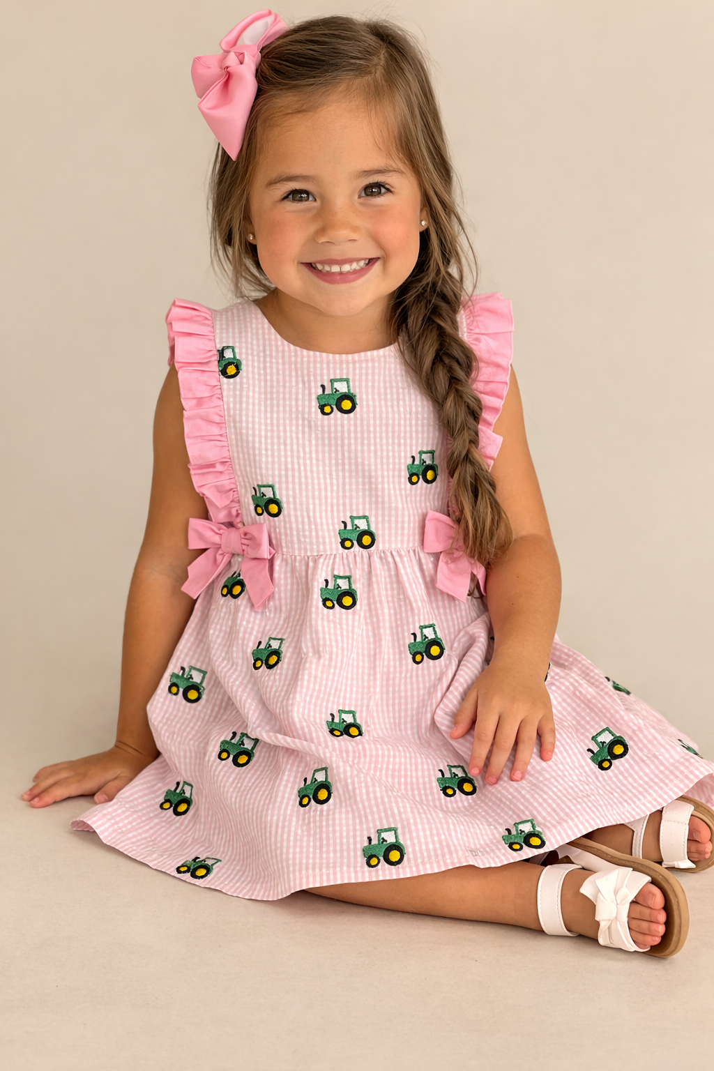 Young girl wearing a pink dress with green tractor patterns and pink bows on a beige background