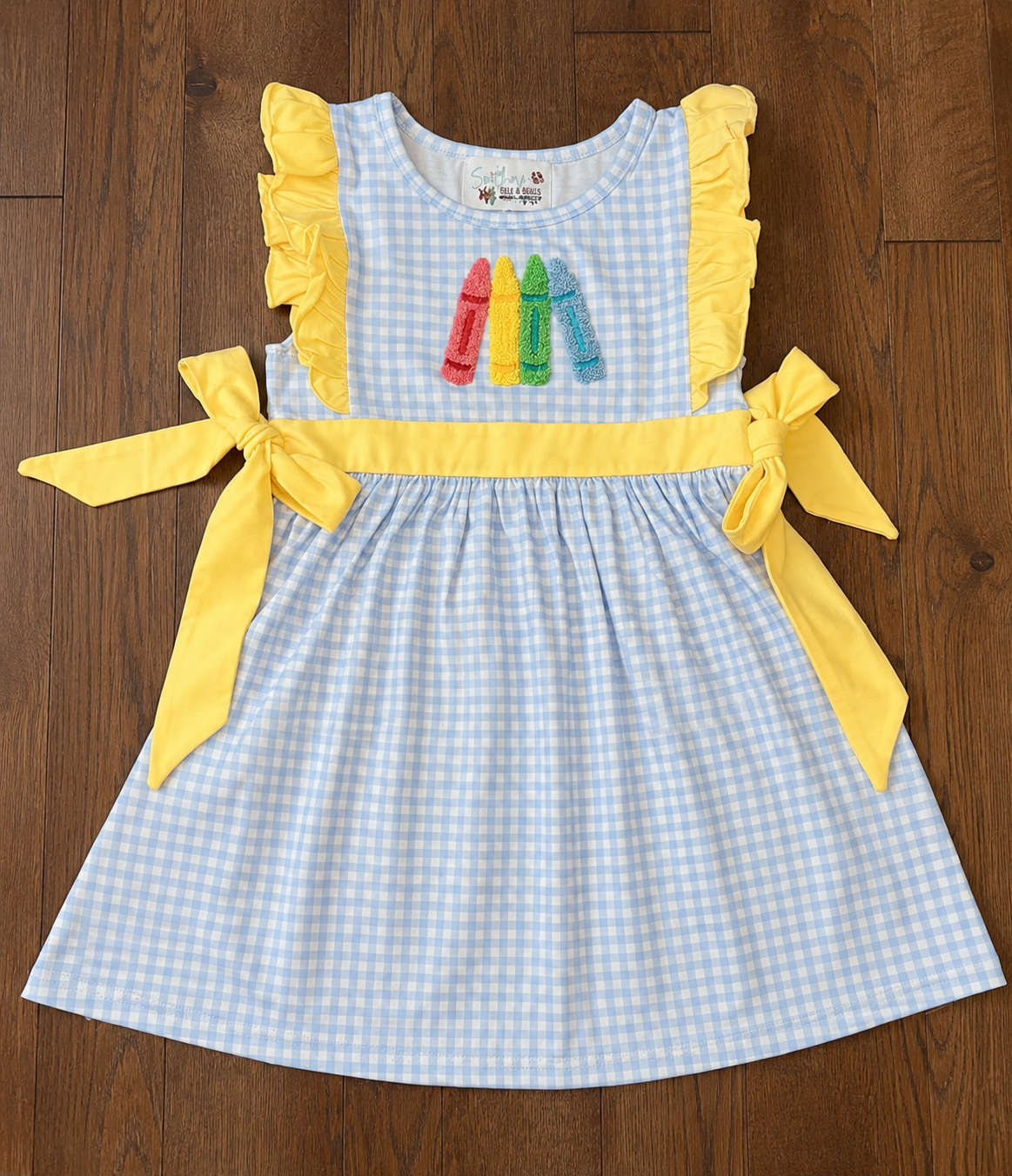 Color Me Cool Girl Short Set in blue gingham with crayon appliqué and yellow bow details