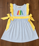 Color Me Cool Girl Short Set in blue gingham with crayon appliqué and yellow bow details