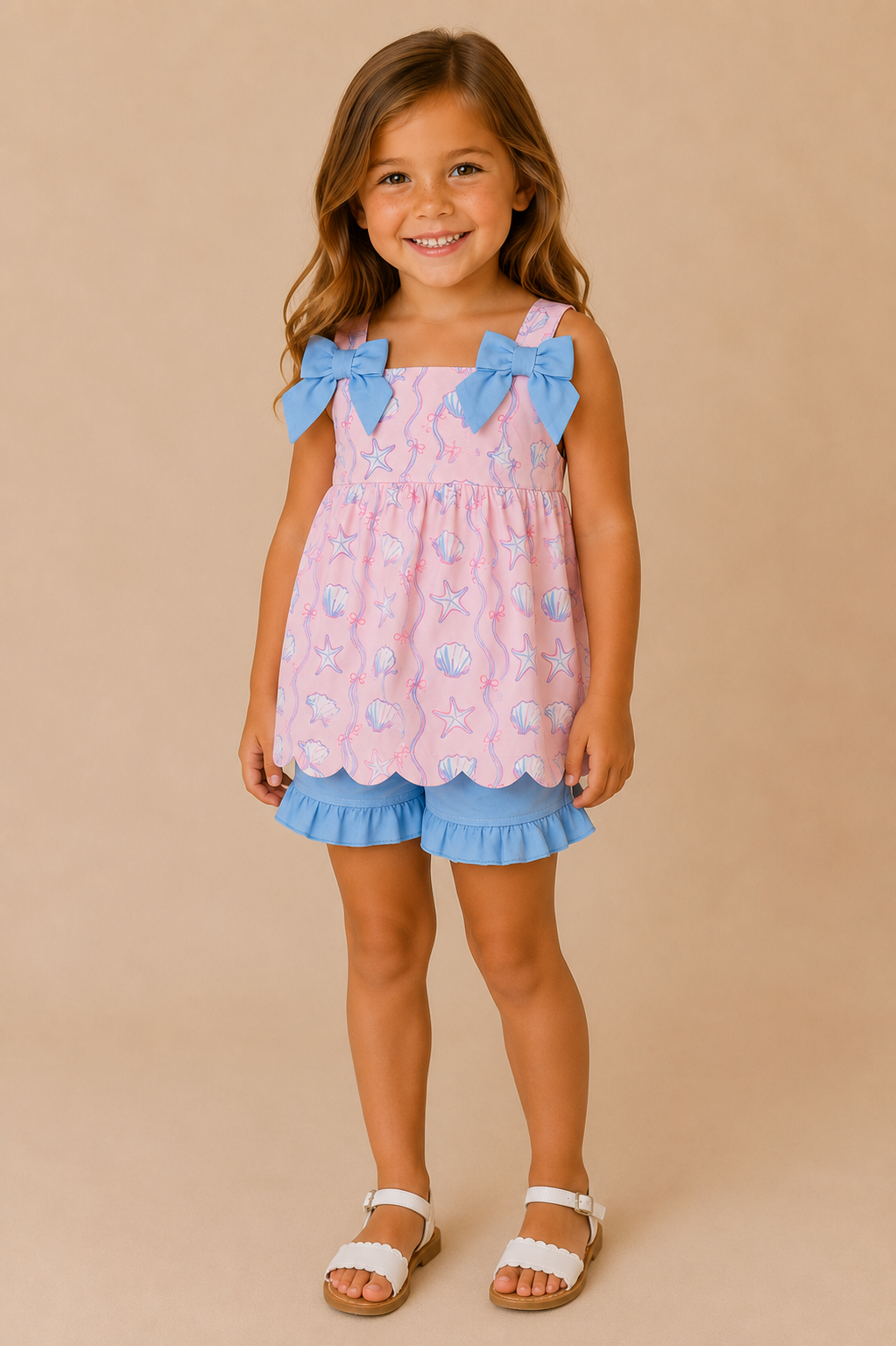 A young girl with long brown hair stands against a solid beige studio background wearing a pink and blue patterned romper with blue bow details on the shoulders and blue ruffled trim at the hem, paired with white sandals.