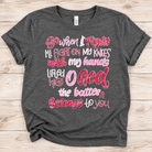 Heather charcoal crewneck T-shirt with pink and white Fight on My Knees Christian lettering and a small awareness ribbon.