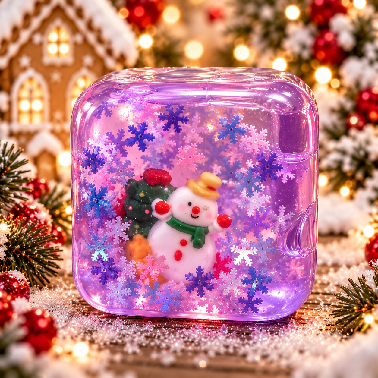 Clear gel Christmas squishy cube filled with snowflakes and holiday figures