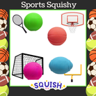 Promotional image of Sports Squishy products with various sports equipment on a black background.