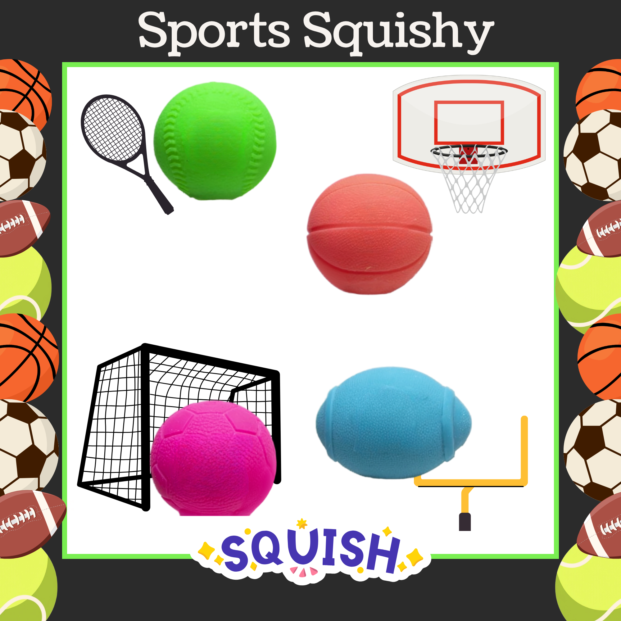 Promotional image of Sports Squishy products with various sports equipment on a black background.