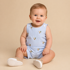 Infant boy wearing a searsucker jon jon with small mallard ducks embroidered on a beige background.