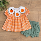 Baby girl orange gingham pumpkin bloomer set with embroidered pumpkin collar top and sage green ruffle bloomers