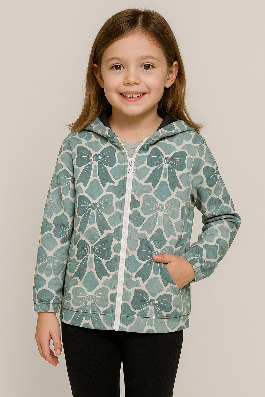 Young girl wearing a green floral patterned hoodie against a plain background.