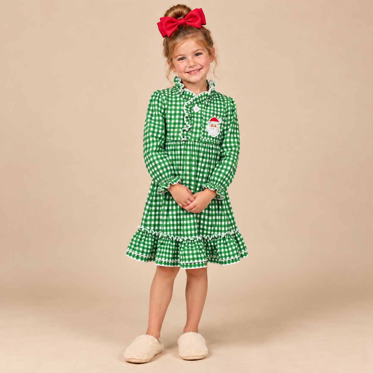 Young girl wearing a green and white gingham nightgown with slippers.