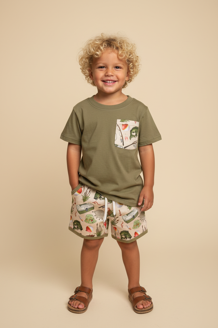 4-Year-Old Boy in Olive Fishing Short Set - Untucked with Pockets