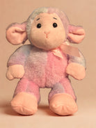 Plush toy sheep with pastel tie dye body on a beige background