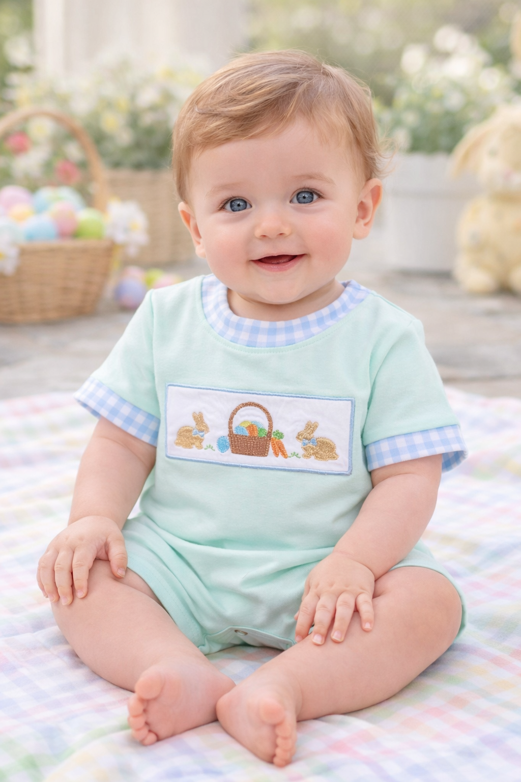 Baby sitting on a blanket with Easter-themed outfit and background