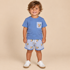 Toddler boy wearing a light blue t shirt with a mallard duck on the pocket with matching seersucker shorts.