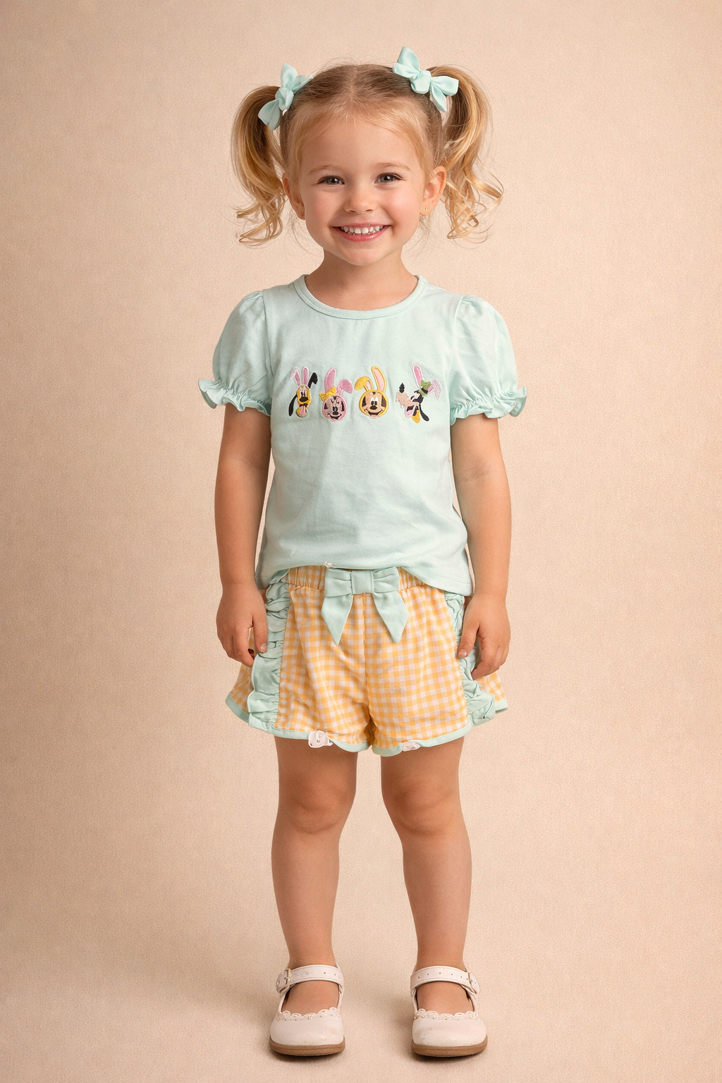 Young girl wearing a light blue top with cartoon characters and yellow checkered shorts on a beige background