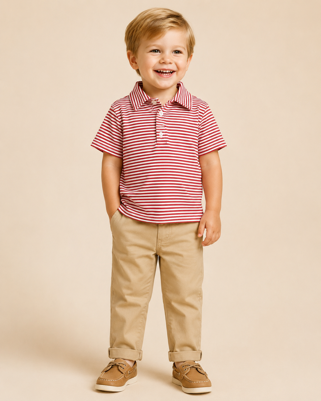 A smiling young boy standing against a warm beige studio background, wearing a red and white horizontally striped short-sleeve polo shirt, tan pants, and tan boat shoes.