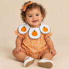 Baby girl orange gingham pumpkin bubble romper with embroidered pumpkin collar detail