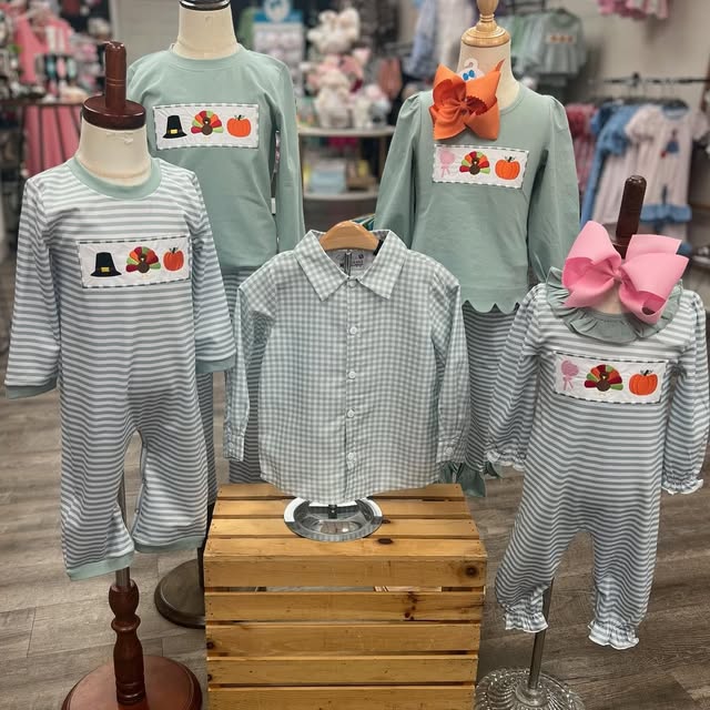 children's sibling fall set with turkey and pumpkin embroidery