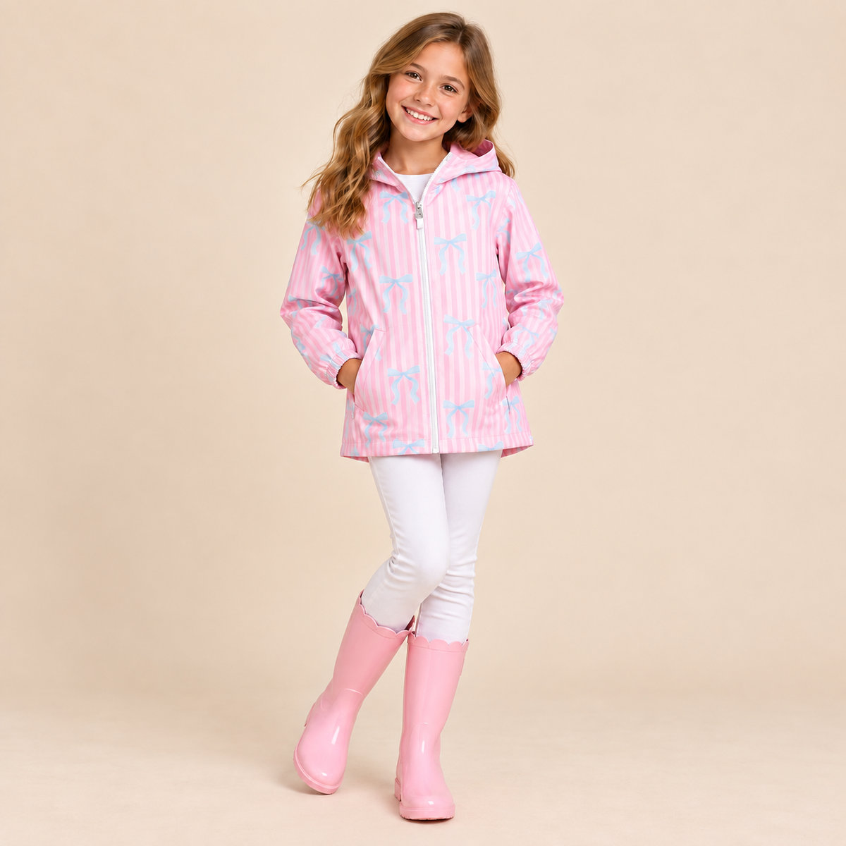Young girl wearing a pink zip up,rain jacket with light blue bow print with white pants and rain boots.