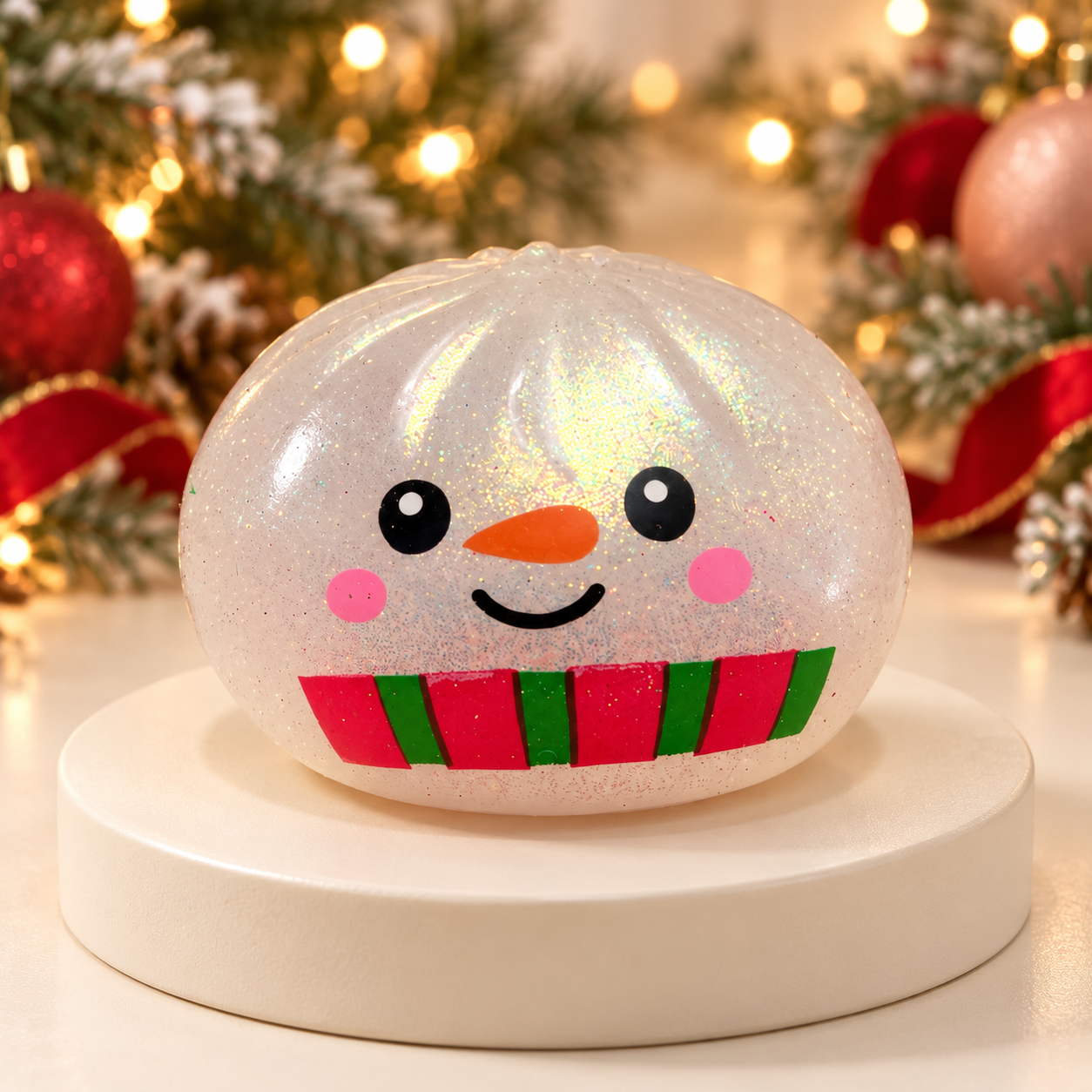 Snowman Christmas mystery squishy dumpling toy with red and green scarf
