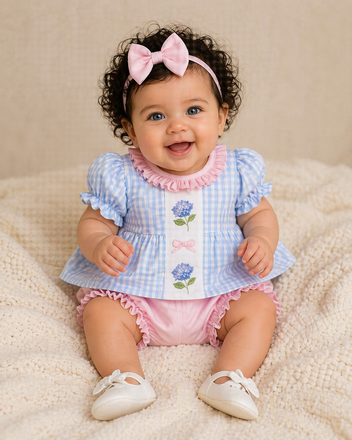 Baby wearing a blue checkered dress with floral embroidery and a pink bow headband, sitting on a beige blanket.