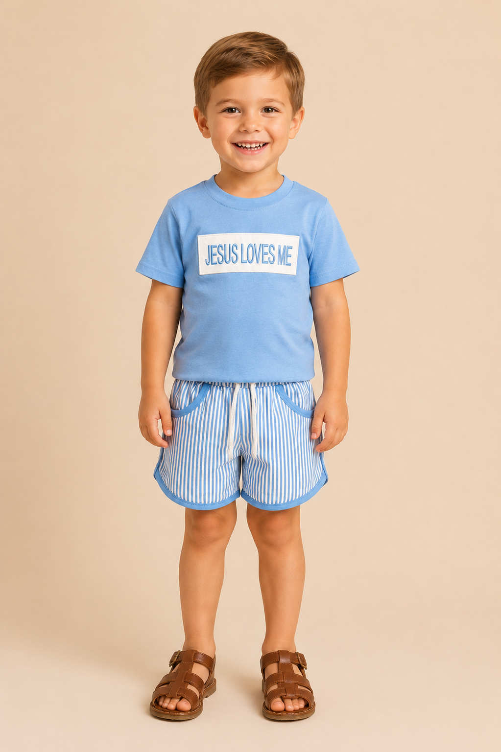 Child wearing a blue t-shirt with 'Jesus Loves Me' text and striped shorts on a beige background