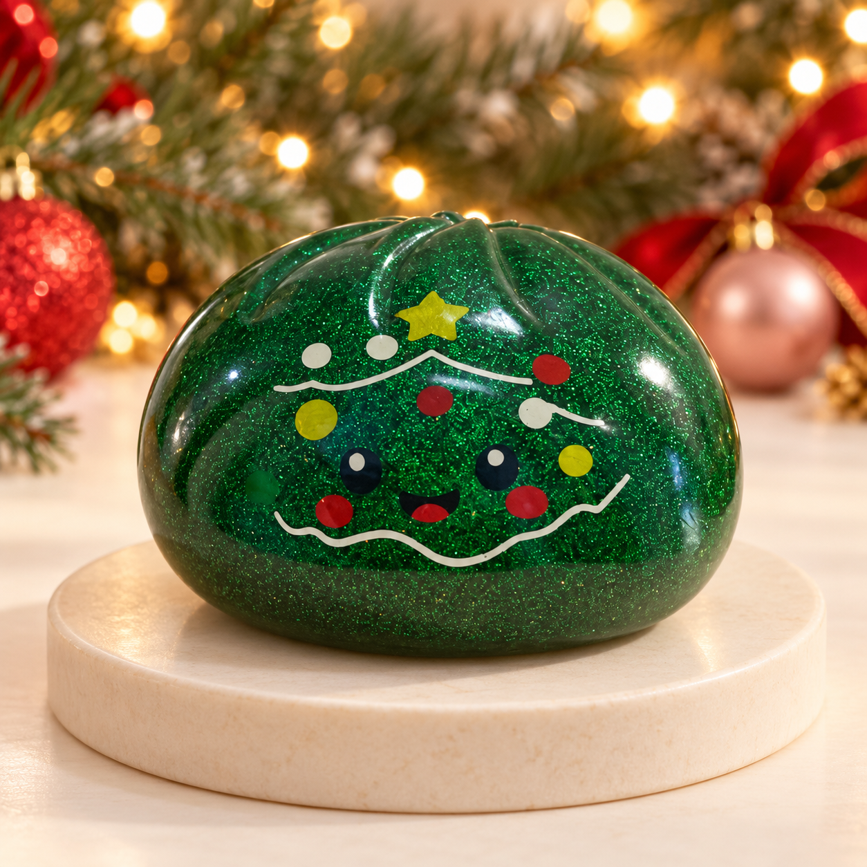 Green sparkly Christmas tree mystery squishy dumpling toy with star