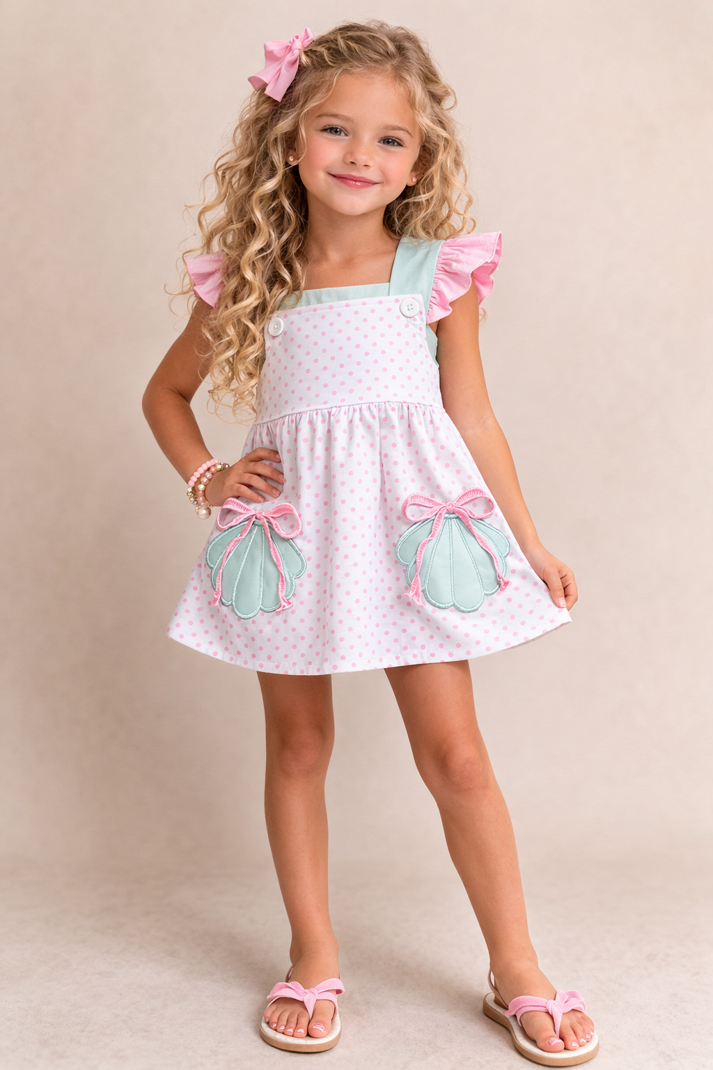 Young girl wearing a white dress with pink and green accents on a beige background