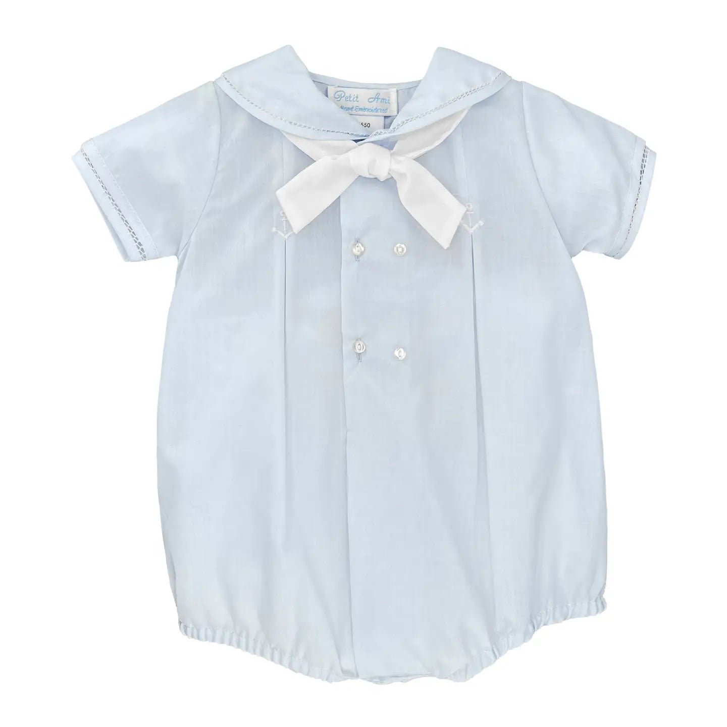 Light blue baby dress with a white bow on a white background