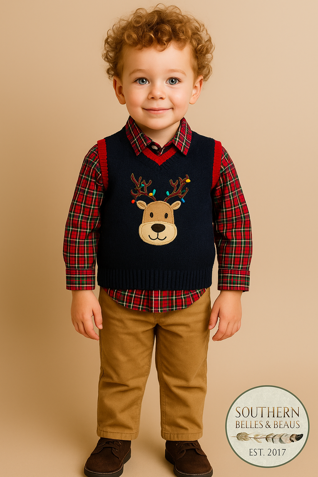 Navy knit vest with embroidered reindeer and colorful Christmas lights