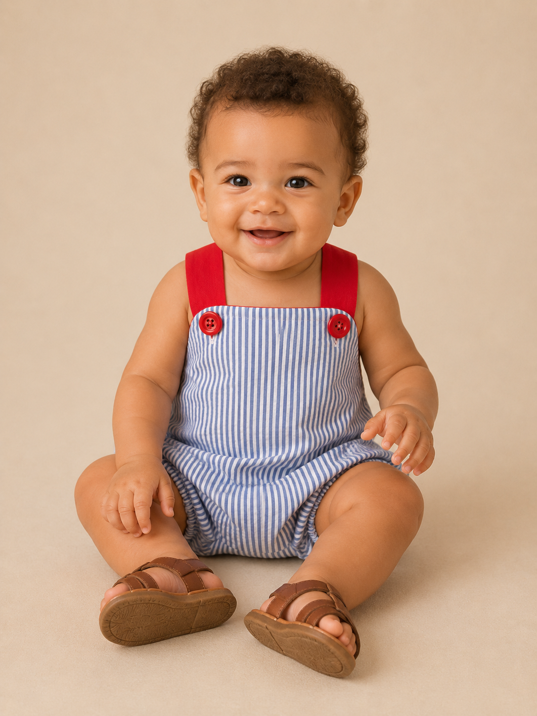 Infant baby boy wearing a seersucker patriotic bubble with brown sandals.
