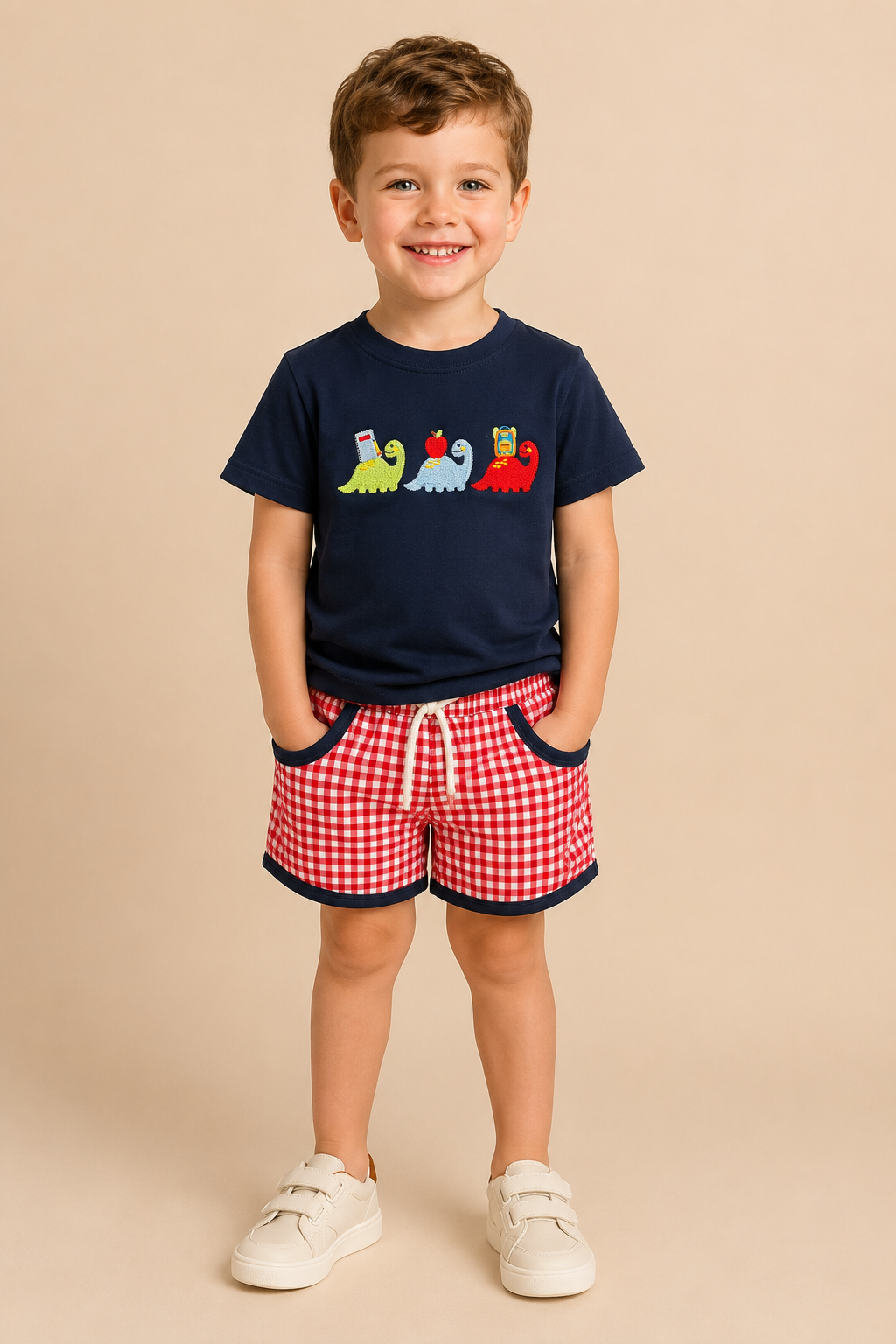 Young boy wearing a dinosaur embroidered navy shirt with red checkered shorts.