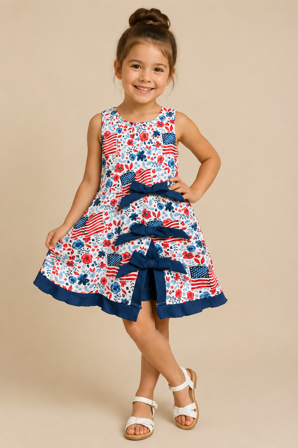Young girl wearing a dress with American flag pattern on a beige background