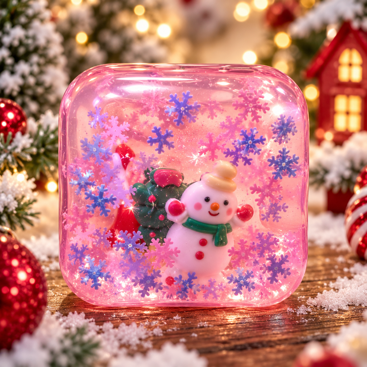 Firm gel Christmas snow globe squishy cube toy with festive decorations inside