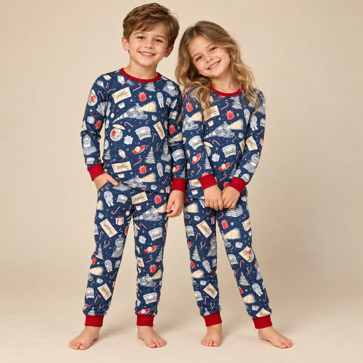 A girl and boy wearing a two piece bamboo lounge set.