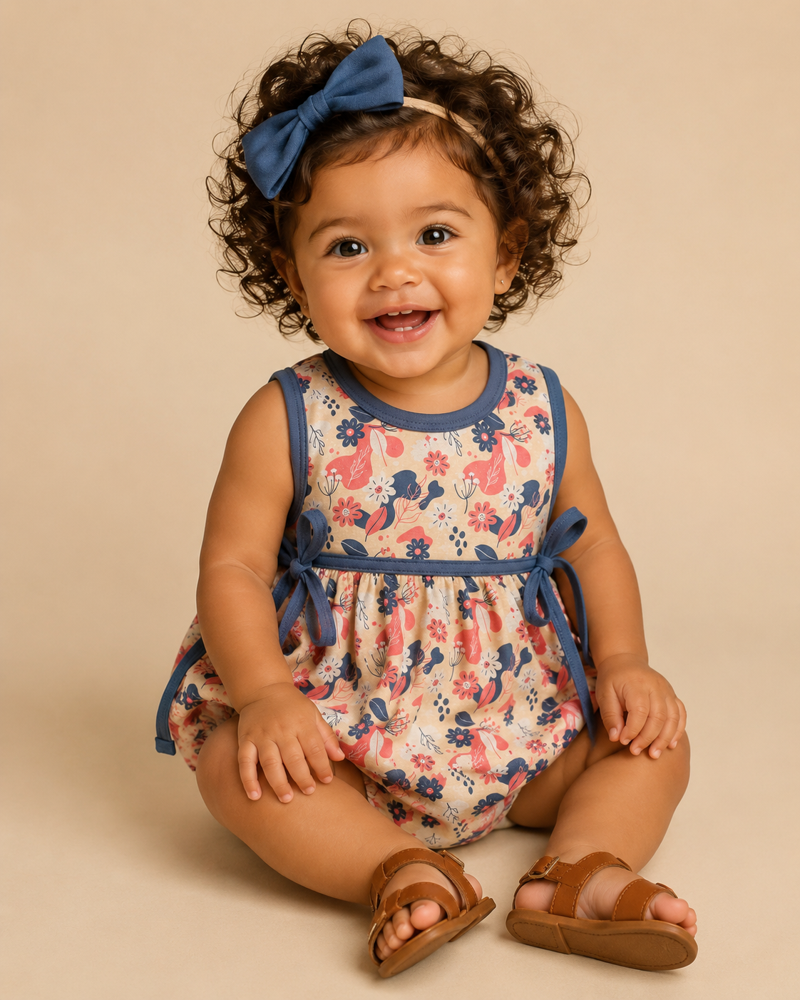 Baby girl wearing a floral romper with blue accents on a beige background