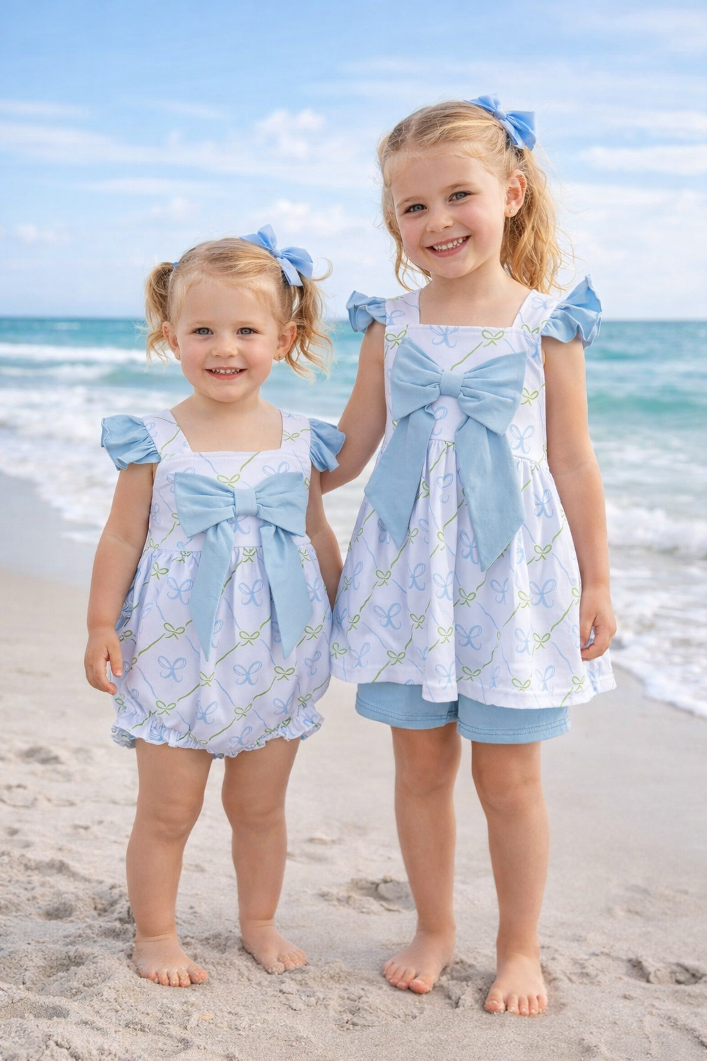 Two young girls in matching blue and white dresses standing on a beach.