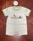 Built for This Jon Jon — green stripe baby boy romper with construction vehicle appliqué