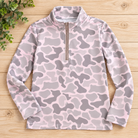 Frosted Fields children's quarter-zip pullover with blush and gray camouflage, long sleeves, and a stand collar.