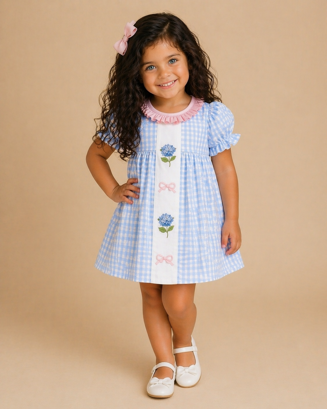 Young girl wearing a blue checkered dress with floral and bow details on a beige background