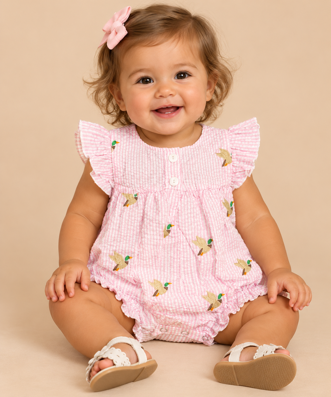 Infant girl wearing a pink seersucker bubble with mini mallard ducks as a pattern. 